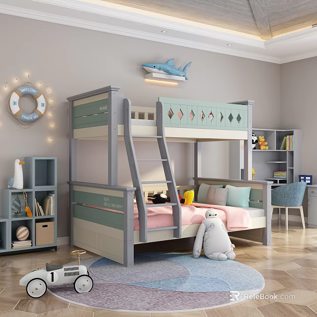 Gray and Pink Bunk Bed Design for Kids Room with Safety Rail Ladder Storage Drawers and Stuffed Toy 3d model 