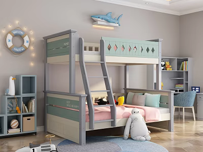 Gray and Pink Bunk Bed Design for Kids Room with Safety Rail Ladder Storage Drawers and Stuffed Toy 3d model