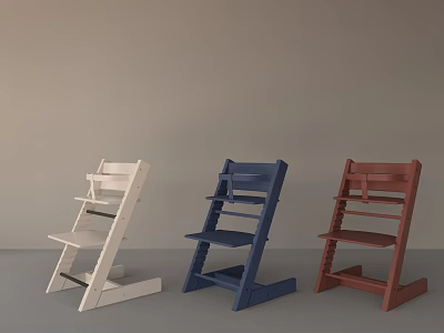 Three Wooden Children's Chairs in White Blue Red with Simple Stable Design 3d model
