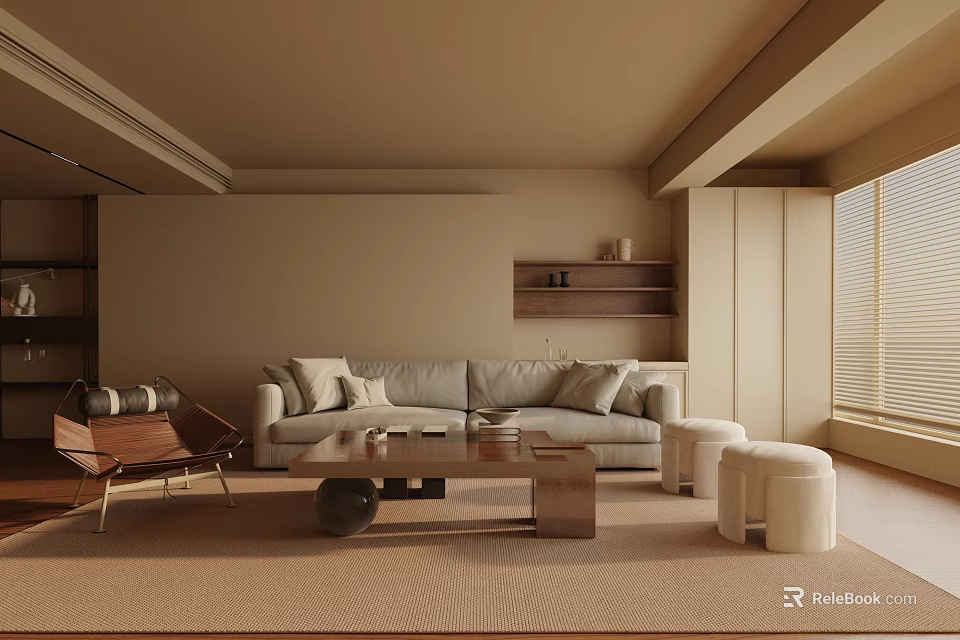 Modern Living Room Interior With Beige Sofa Coffee Table Accent Chair And Window Blinds 3d model 