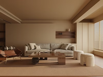 Modern Living Room Interior With Beige Sofa Coffee Table Accent Chair And Window Blinds 3d model