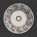 Decorative Ceramic Plate With Blue White Base Colorful Floral Patterns And Central Blue Wreath