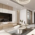 Modern Living and Dining Room With Beige Sofa Coffee Tables Round Chandelier Area Rug