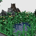 Creative Building Blocks Scene with Green Plants Yellow Flowers Small Pond and Rocky Structure