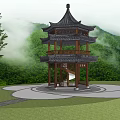 Traditional Chinese Pavilion Scenic View With Green Mountains Misty Forest And Lush Grassland