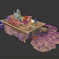 Wooden Work Desk With Camel Figurine Stone Decorations Clay Pots Drawers Rug And Hay