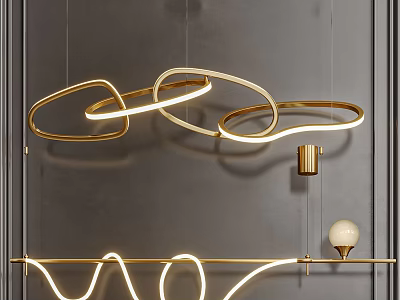 Modern Golden Circular Looped Chandelier with Illuminated Lines for Stylish Interior Design 3d model
