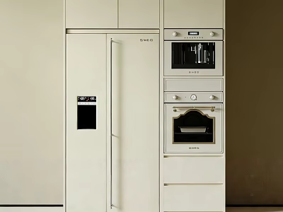 Modern Kitchen Refrigerator Cabinet Design With Built In Oven And Microwave 3d model