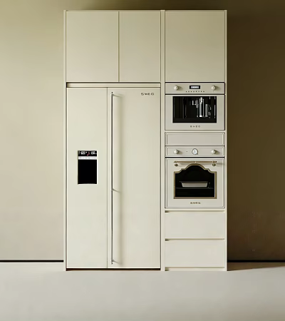 Modern Kitchen Refrigerator Cabinet Design With Built In Oven And Microwave 3d model