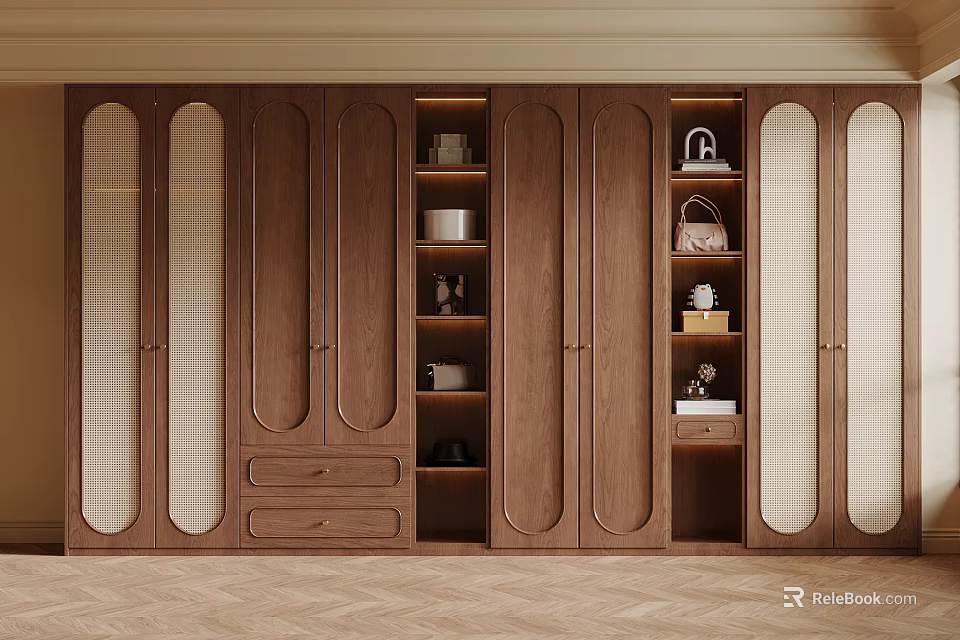 Elegant Modern Wooden Wardrobe With Glass Doors Drawers And Storage Display Shelves 3d model 