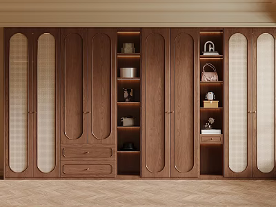 Elegant Modern Wooden Wardrobe With Glass Doors Drawers And Storage Display Shelves 3d model