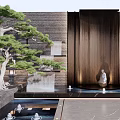 Modern Bronze Striped Feature Wall With Pine Tree Water Pool And Stone Statue 3d model
