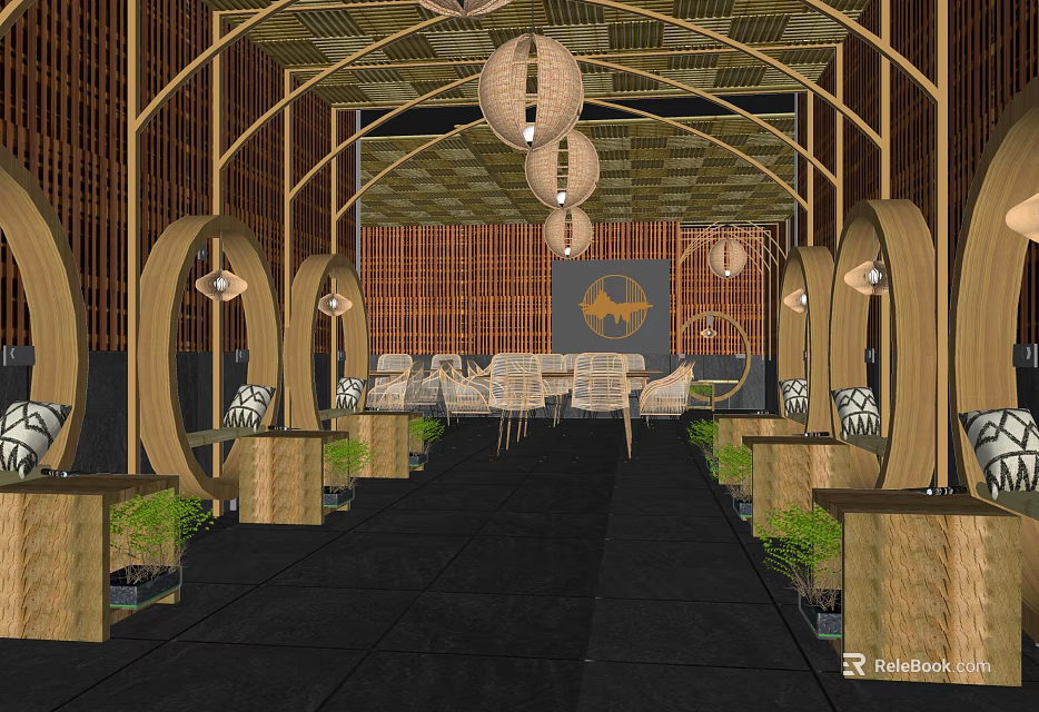 Traditional Asian Restaurant Interior With Bamboo Structure Hanging Lanterns And Dining Tables 3d model