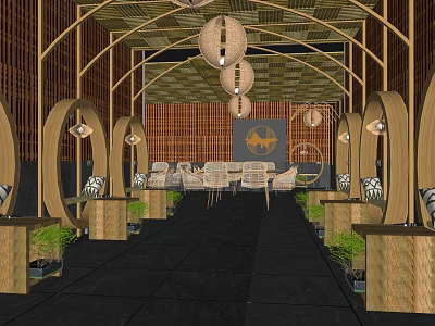 Traditional Asian Restaurant Interior With Bamboo Structure Hanging Lanterns And Dining Tables 3d model