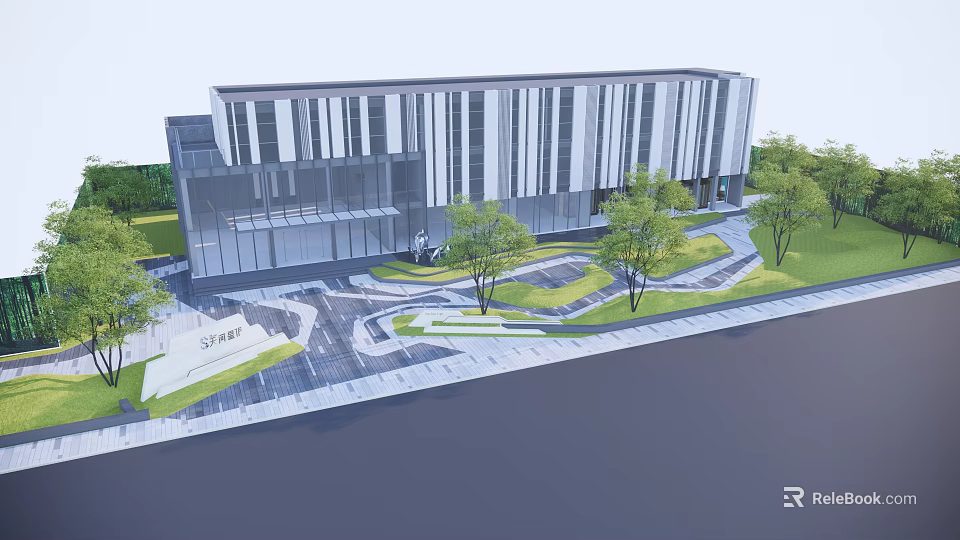 Modern Office Building Exterior With Glass Facade Greenery Plaza And Landscaped Areas 3d model 