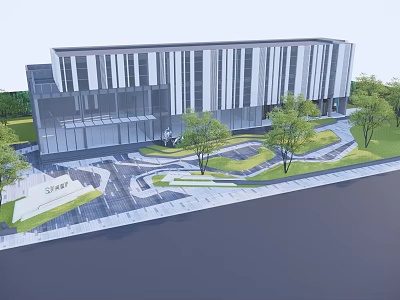 Modern Office Building Exterior With Glass Facade Greenery Plaza And Landscaped Areas 3d model