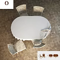 Light Colored Round Dining Table Set With Patterned Chairs And Tablecloth 3d model