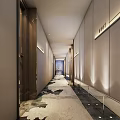 Elegant Modern Hotel Corridor With Textured Walls Patterned Carpet And Recessed Lighting