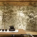 Modern Tea Room Interior Design With Wooden Ceiling Bamboo Wall Art And Water Reflections