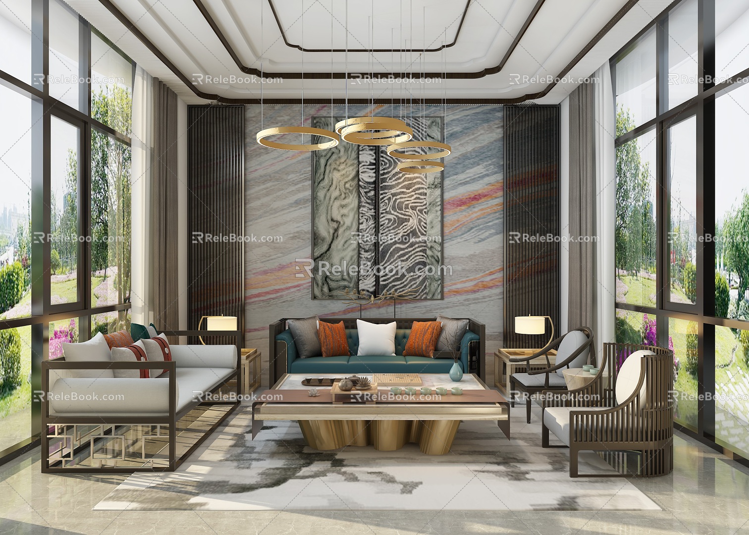 New Chinese Style Living Room Sofa Coffee Table Chandelier 3d model