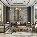 New Chinese Style Living Room Sofa Coffee Table Chandelier 3d model