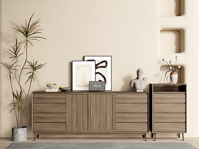 Modern Wooden Entryway Cabinet And Side Cabinet With Framed Art Sculpture And Potted Plant 3d model