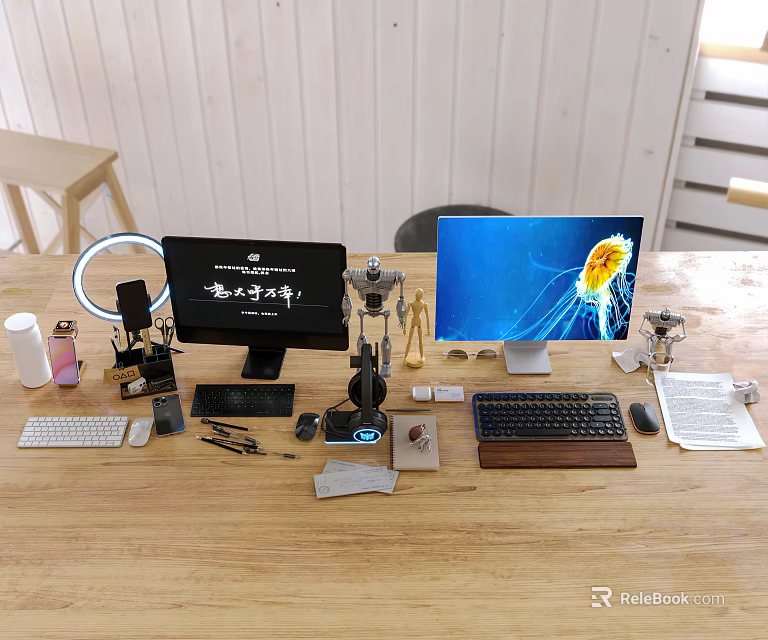 Dual Computer Monitors Setup With Keyboard Mouse And Desk Lamp On Wooden Office Desk 3d model 