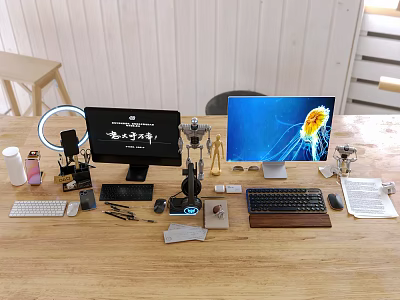 Dual Computer Monitors Setup With Keyboard Mouse And Desk Lamp On Wooden Office Desk 3d model