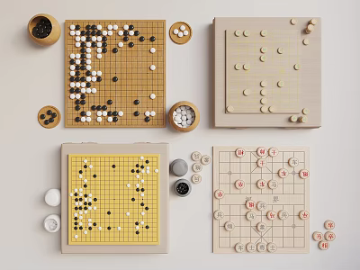 Board Game Entertainment With Various Go And Chinese Chess Boards And Wooden Pieces 3d model