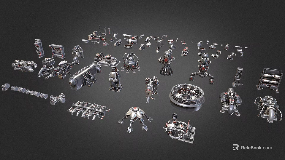 Various Silver Metal Mechanical Parts Scattered on Black Background Display Collection 3d model 