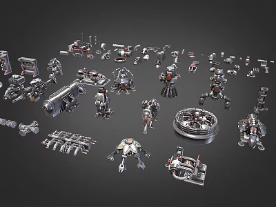 Various Silver Metal Mechanical Parts Scattered on Black Background Display Collection 3d model