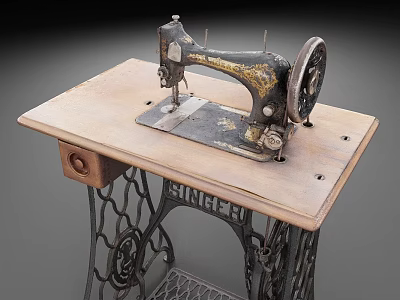 Vintage Old Sewing Machine On Wooden Table With Ornate Iron Frame 3d model