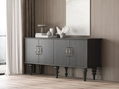 Dark Gray Wooden Entryway Cabinet Sideboard With Brass Handles Decorative Items On Wooden Floor 3d model
