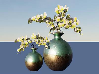 Decorative Green Plants in Two Ceramic Vases with White and Yellow Leaves 3d model