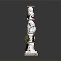 Modern Bookcase With Wooden Shelves White Bust Sculptures Red Book Green Plant And Marble Base