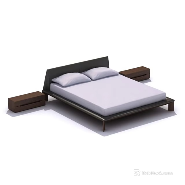 Modern Double Bed With Black Frame White Mattress And Two Nightstands 3d model 