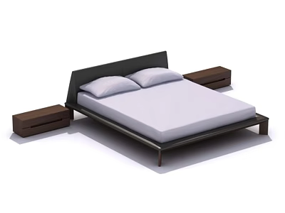 Modern Double Bed With Black Frame White Mattress And Two Nightstands 3d model