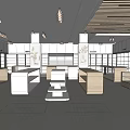 Modern Retail Store Interior Design With White Wooden Shelves Display Cabinets And Central Platform 3d model