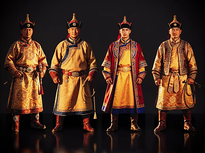 Group of Four Men in Traditional Mongolian Yellow Robes with Decorative Hats and Swords 3d model