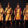 Group of Four Men in Traditional Mongolian Yellow Robes with Decorative Hats and Swords