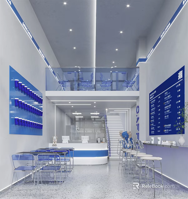 Modern Two Floor Milk Tea Shop With Blue Decor Glass Railings Tables Chairs Menu Board 3d model 
