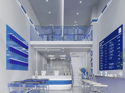 Modern Two Floor Milk Tea Shop With Blue Decor Glass Railings Tables Chairs Menu Board 3d model