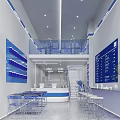 Modern Two Floor Milk Tea Shop With Blue Decor Glass Railings Tables Chairs Menu Board