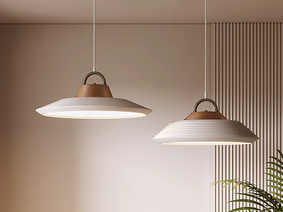 Modern Pendant Lights With Wooden Accent And White Shade In Minimalist Interior Space 3d model