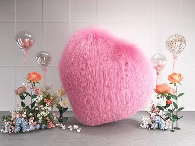 Floral Arrangement Display with Pink Fluffy Heart Balloons Orange Roses and Colorful Small Flowers 3d model