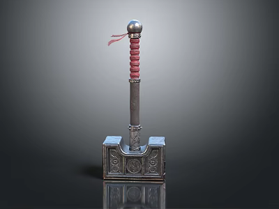 Decorative Metallic Hammer With Silver Head Red Spiral Handle Silver Ball Top And Carved Patterns 3d model