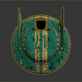Cosmic UFO Spacecraft Design With Blue Yellow Accents And Circular Windows