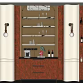 Modern Wooden Wine Cabinet With Glass Shelves Wine Bottles And Wall Lamps