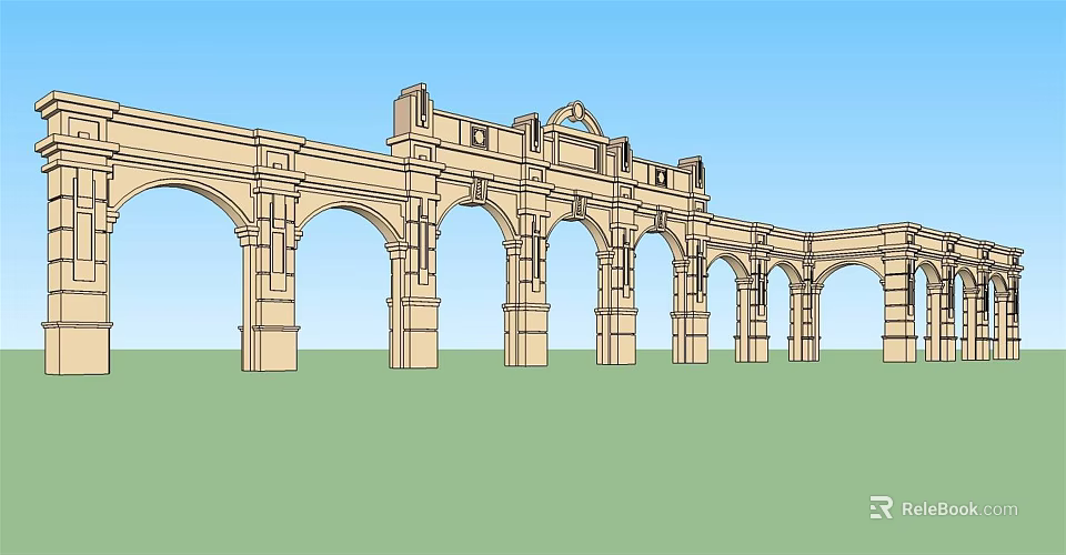 Classical Entrance Gate With Multiple Arches And Beige Stone Structure Design 3d model 