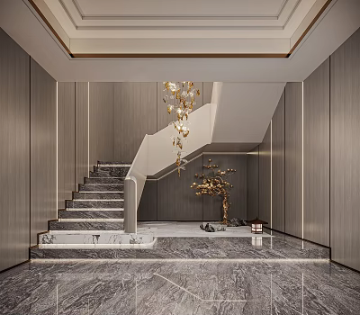 Elegant Modern Luxury Staircase Hall With Gold Chandelier Marble Floor And Wooden Walls 3d model